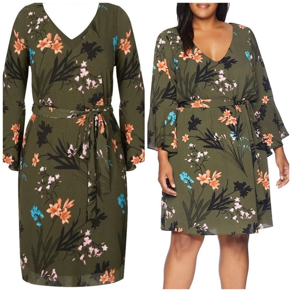 City Chic Floral Bell Sleeve Dress Army Green Wrap Style Tie Waist Size 16